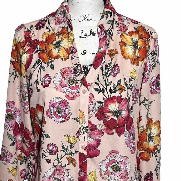 Express Floral Portofino Blouse MEDIUM Slim Fit Long Sleeve V Neck Red Pink Top - Picture 2 of 8